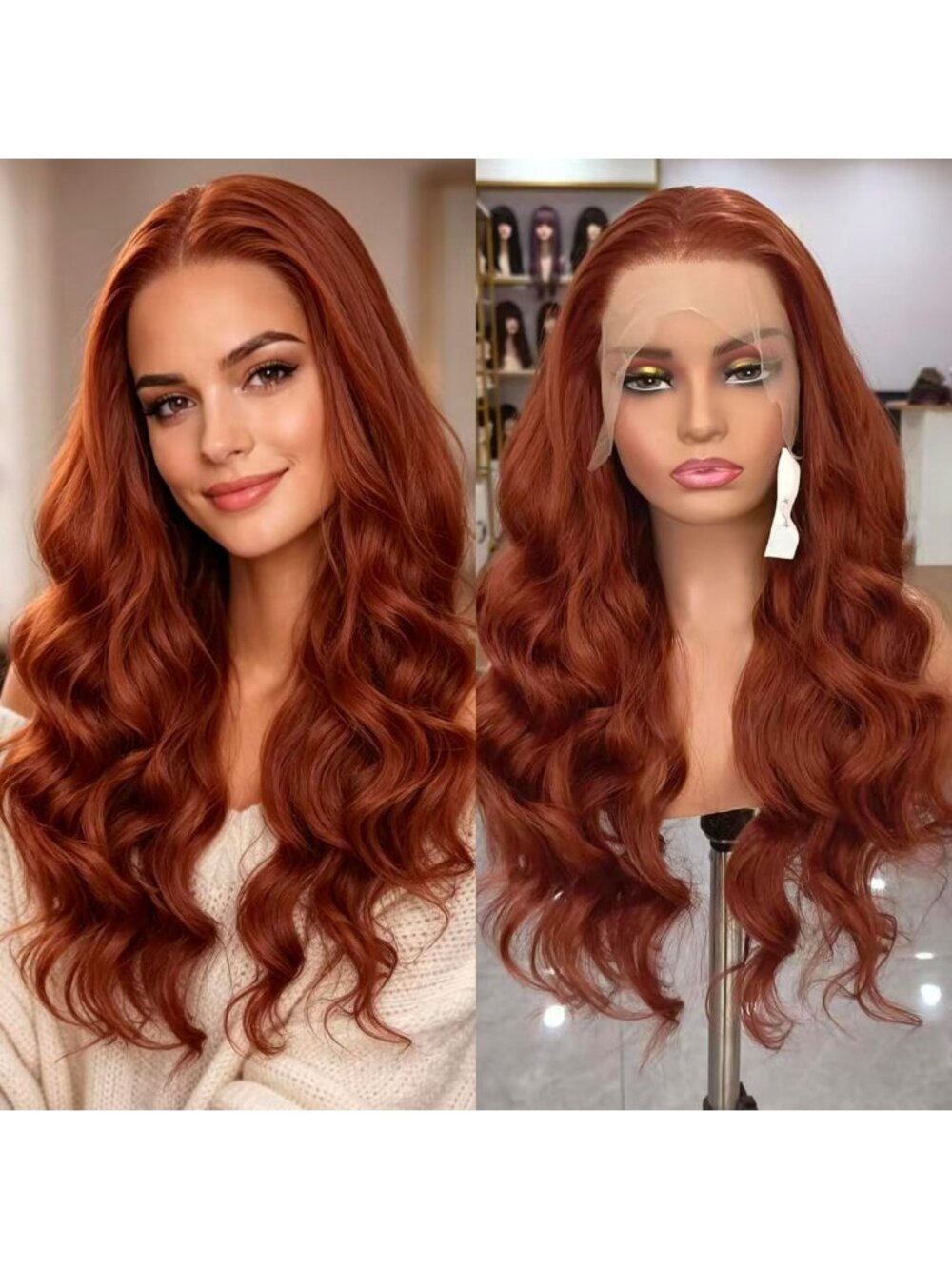 26" Copper Lace Front Wig - Auburn Dark Ginger Style for Women, Soft & Natural